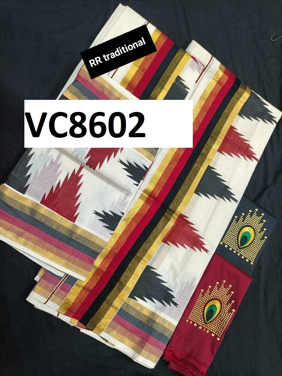 Kerala Special 4 Inch Cotton Double Color Temple Printed Set Mundu 2.80 Mtr,Beautiful Kerala Designs,Vishu,Onam,Traditional,Pooja,Festival.