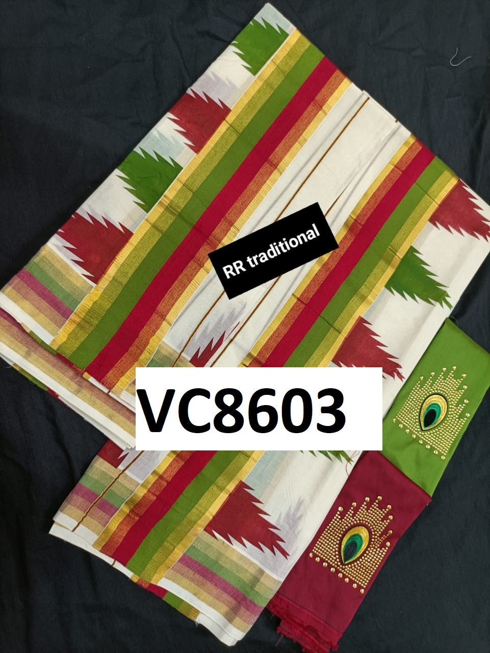 Kerala Special 4 Inch Cotton Double Color Temple Printed Set Mundu 2.80 Mtr,Beautiful Kerala Designs,Vishu,Onam,Traditional,Pooja,Festival.