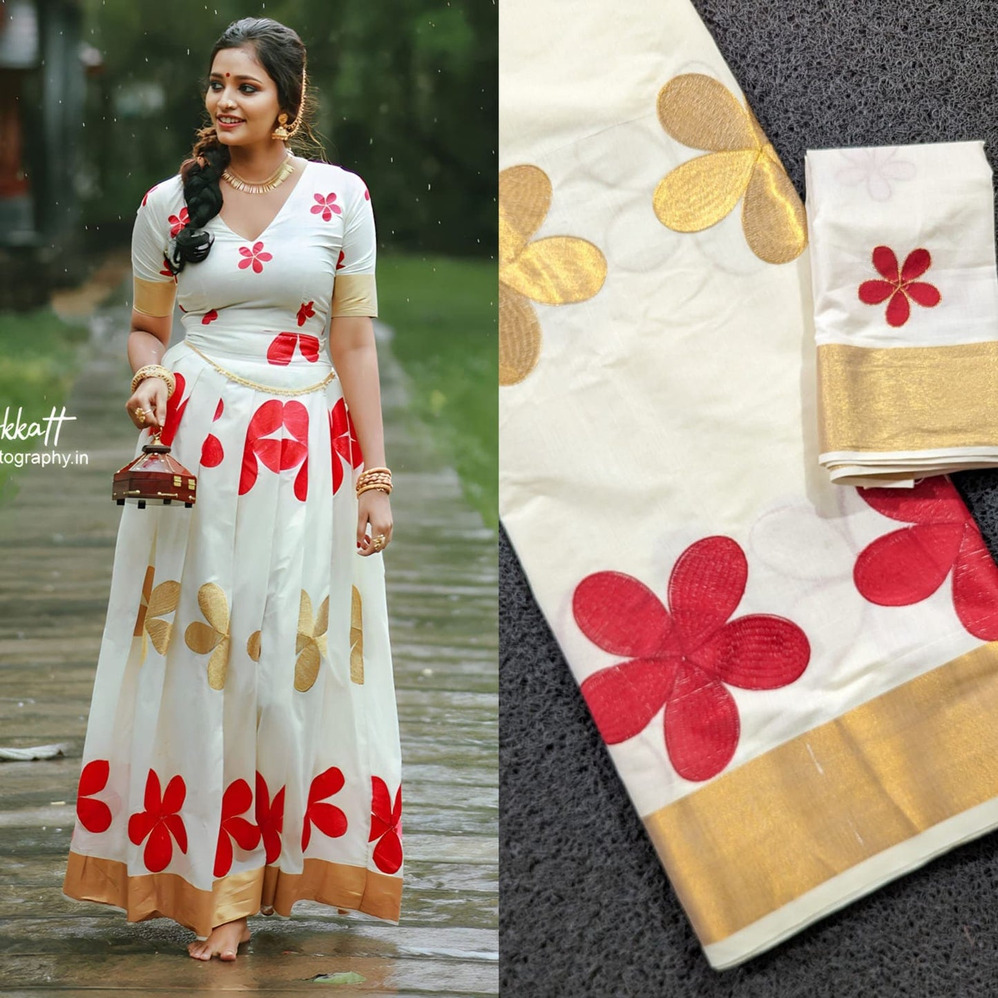 Big red and golden flowers Cotton  pattu pavada Stitched or Blouse material ,Traditional Girls clothing,Handmade ,Onam, Christmas,Pooja wear