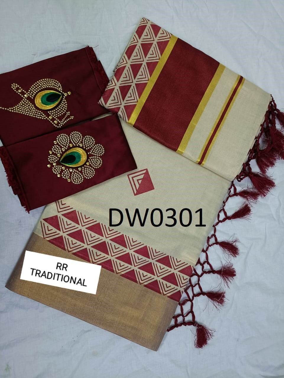 Kerala Special 5 Inch Color Plain Marble Printed Kunjalam Saree With Stitched Blouse or Blouse Material,Beautiful Kerala Designs,Onam,Vishu.