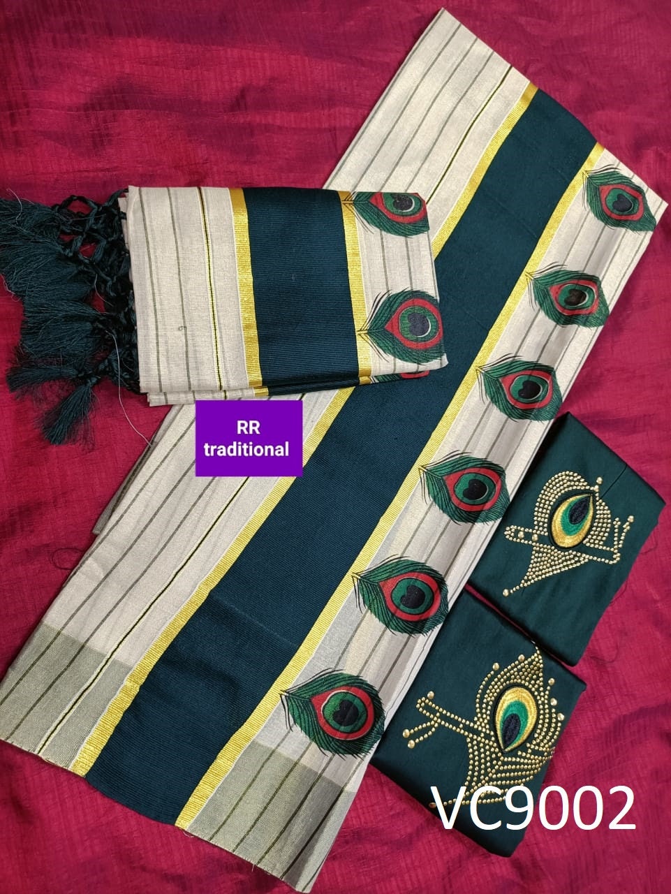 Kerala Special Tissue Color Full Line Peeli Printed Kunjalam Set mundu  with Stitched Blouse/Non Stitched Material,Onam,Vishu,Pooja Wear