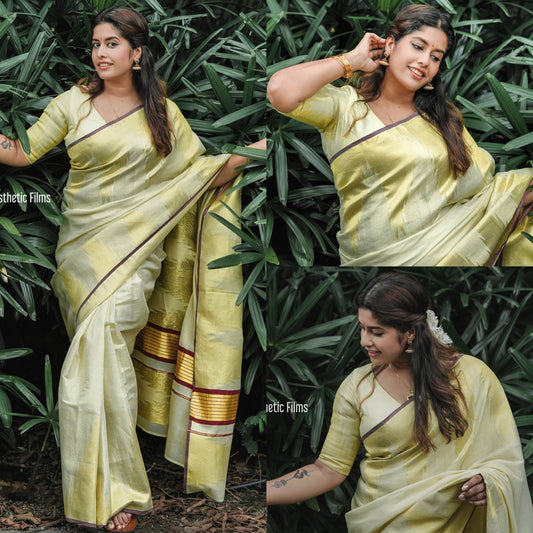 Kerala Special Big Temple Border Golden Tissue Handloom Replica Saree 6.25 mtr,Kerala Saree,Vishu,Onam ,Party wear,Pooja,Festival,Wedding.