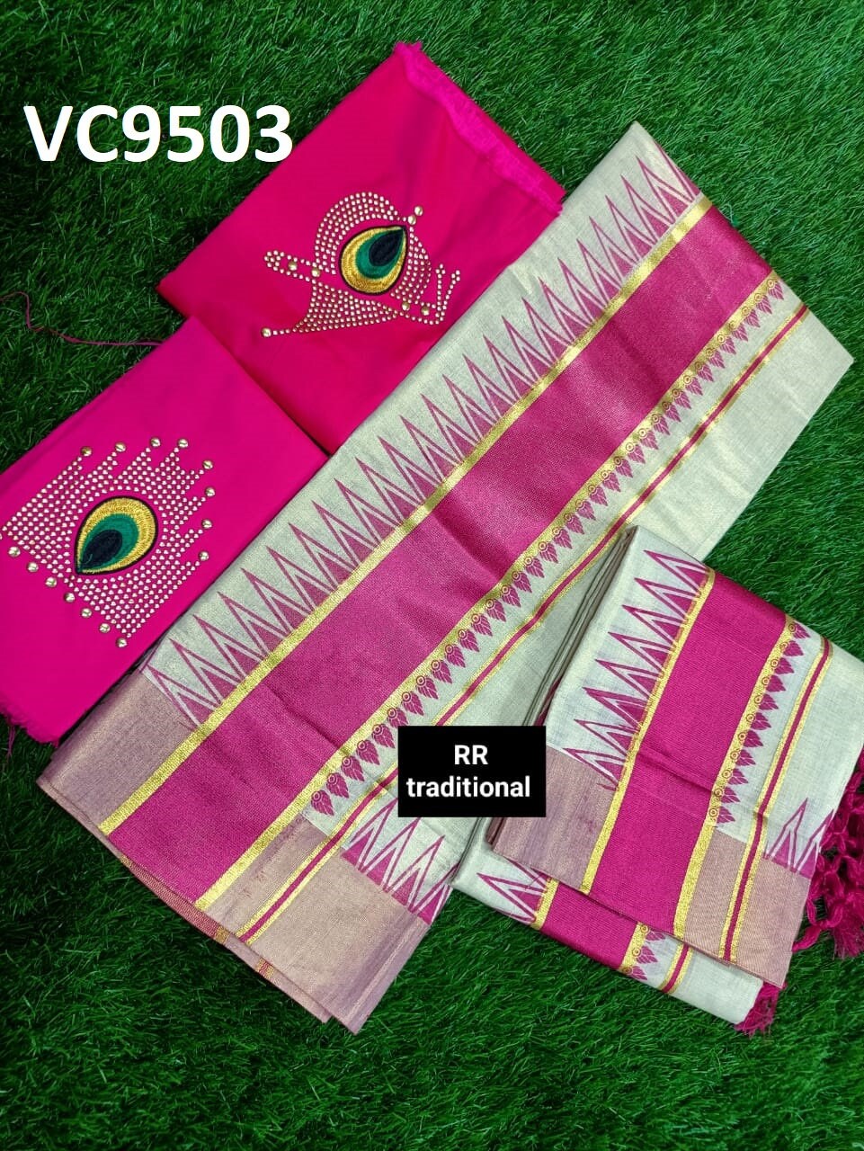 Kerala Special Tissue Temple Printed Kunjalam Set Mundu 2.80 With Stitched Blouse or Blouse Material,Beautiful Kerala Designs,Onam,Vishu.