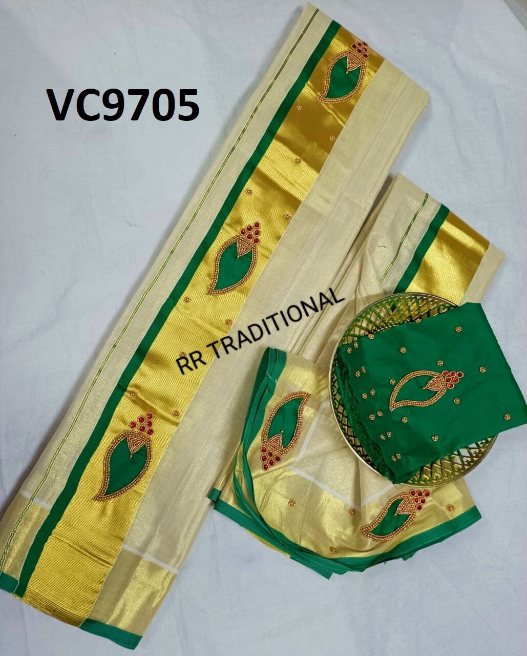 Kerala Special Tissue Mango Handwork Set Mundu 2.80 With Stitched Blouse or Blouse Material,Beautiful Kerala Designs,Onam,Vishu,Pooja Wear.