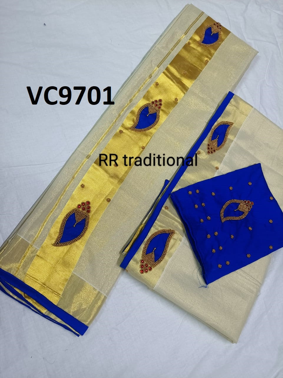 Kerala Special Tissue Mango Handwork Set Mundu 2.80 With Stitched Blouse or Blouse Material,Beautiful Kerala Designs,Onam,Vishu,Pooja Wear.