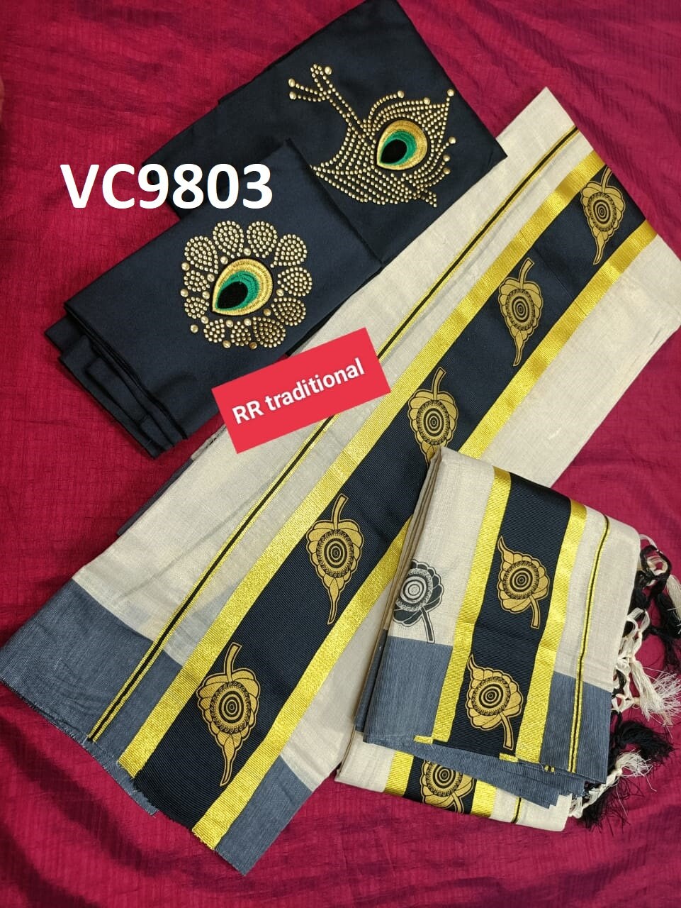 Kerala Special Tissue 4 Inch Golden Printed Kunjalam Set Mundu 2.80 Mtr,Kerala Beautiful Designs,Vishu ,Onam,Festival,Pooja,Traditional.