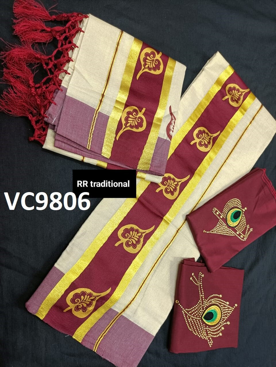 Kerala Special Tissue 4 Inch Golden Printed Kunjalam Set Mundu 2.80 Mtr,Kerala Beautiful Designs,Vishu ,Onam,Festival,Pooja,Traditional.