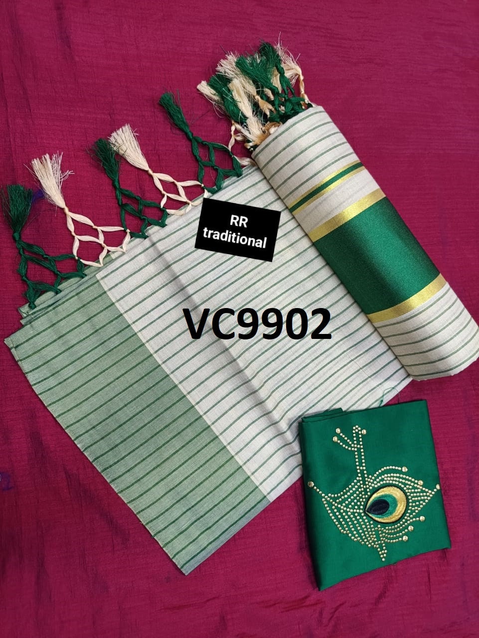 Kerala Tissue Full Color Line Saree 6.25Mtr With Stitched Blouse or Blouse Material,Kerala Saree,Vishu ,Onam,Handmade Designs,Pooja Wear.