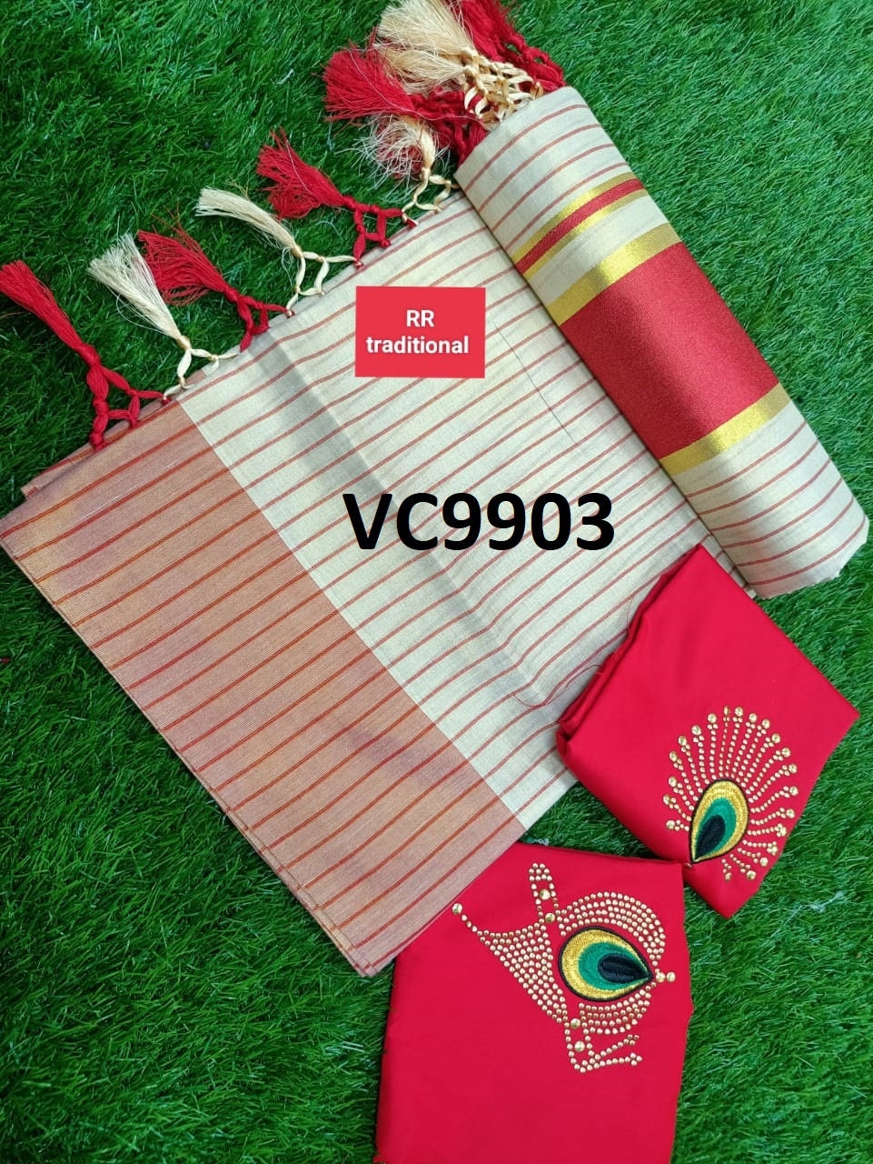 Kerala Tissue Full Color Line Saree 6.25Mtr With Stitched Blouse or Blouse Material,Kerala Saree,Vishu ,Onam,Handmade Designs,Pooja Wear.