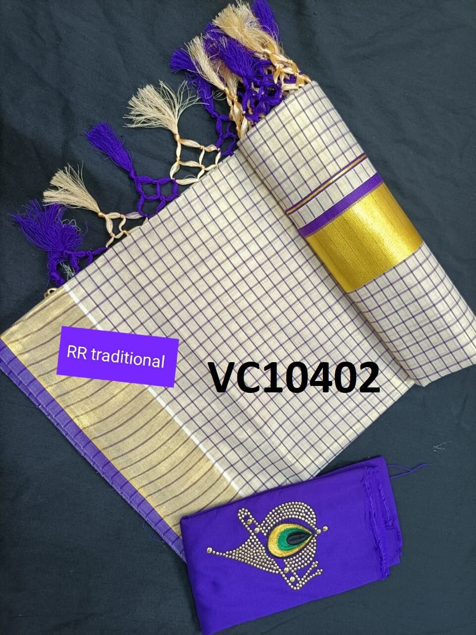 Kerala Tissue Full Checked Kunjalam Saree 6.25Mtr With Stitched Blouse or Blouse Material,Kerala Saree,Vishu ,Onam,Handmade Designs,Pooja.