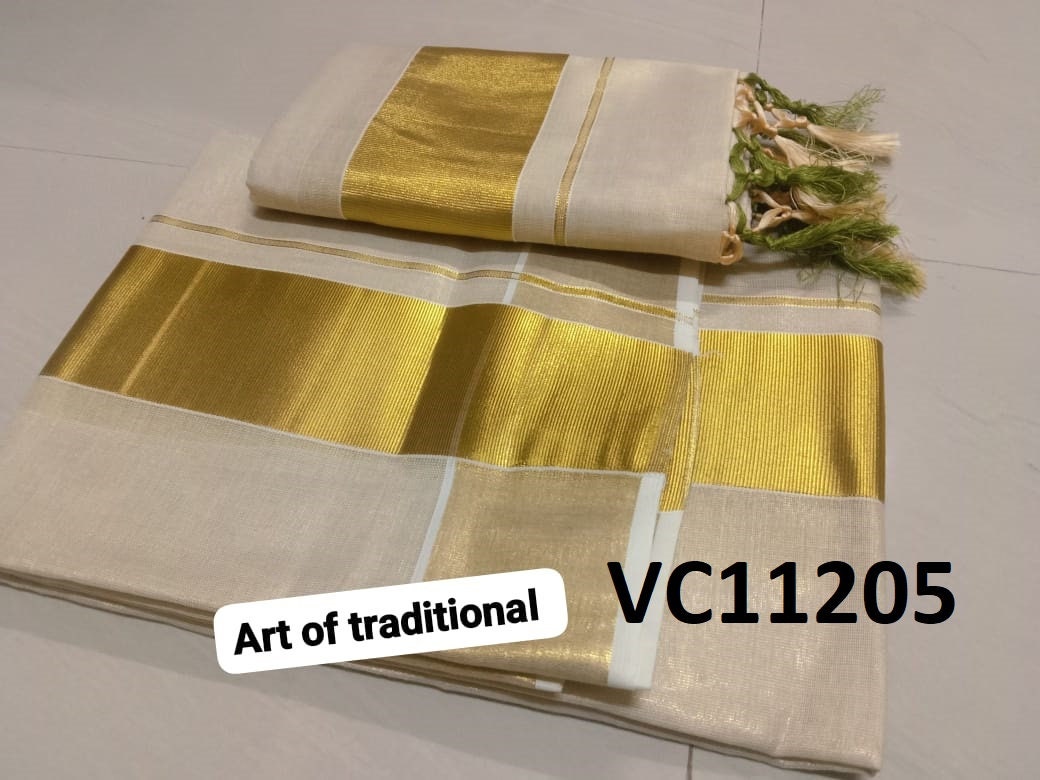 Kerala Special Golden Tissue Set Mundu 2.80 mtr With Tassels,Beautiful Kerala Designs,Onam,Vishu,Pooja ,Traditional,Special Occassions.