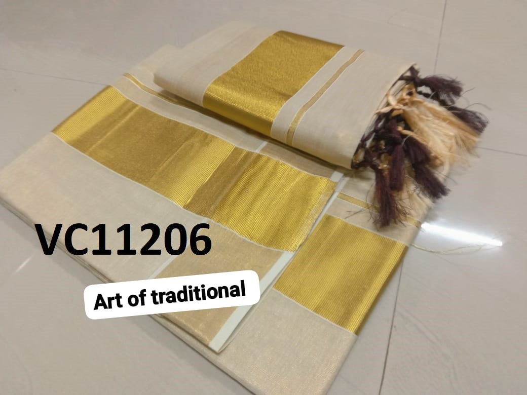 Kerala Special Golden Tissue Set Mundu 2.80 mtr With Tassels,Beautiful Kerala Designs,Onam,Vishu,Pooja ,Traditional,Special Occassions.