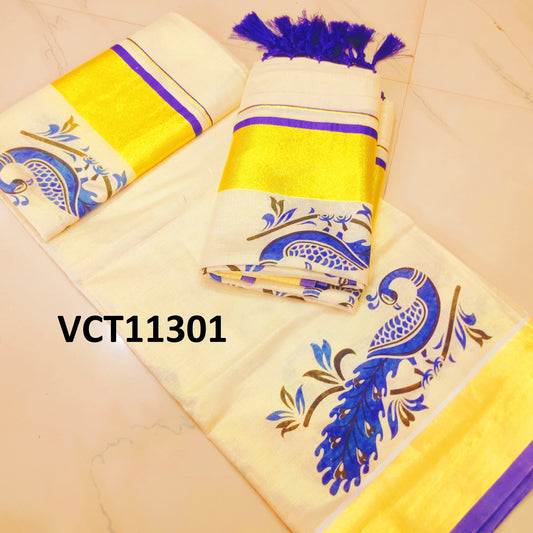 Kerala Special Tissue Printed Set Mundu 2.80 mtr,Beautiful Kerala Designs,Onam,Vishu,Pooja ,Traditional Wear,Special Occassions,Temple Wear.