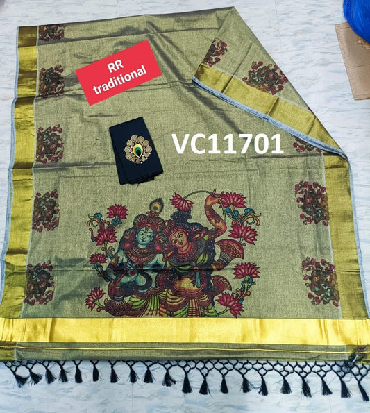 Kerala Special Color Tissue Mural Printed  Kunjalam Saree 6.25 Mtr With Stitched Blouse/Non Stitched Material,Onam,Vishu,Pooja,Festival Wear