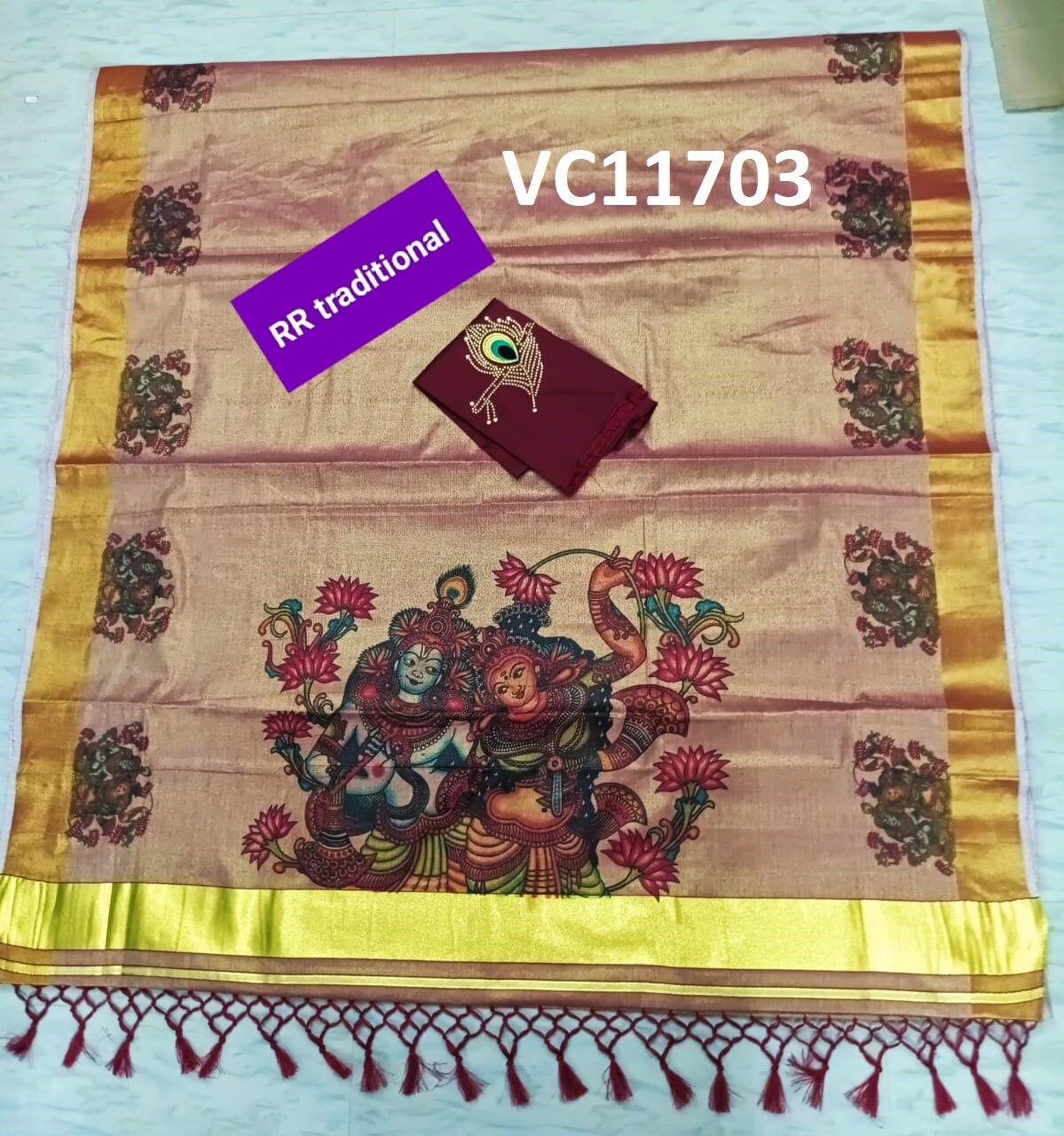 Kerala Special Color Tissue Mural Printed  Kunjalam Saree 6.25 Mtr With Stitched Blouse/Non Stitched Material,Onam,Vishu,Pooja,Festival Wear