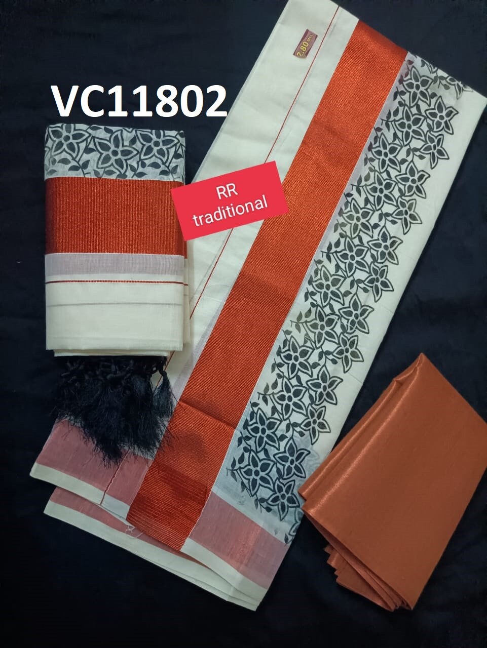 Kerala Special Cotton Copper Kunjalam Setmunde 2.80 with Stitched Blouse or Blouse Material,Set Mundu,Beautiful Kerala Designs,Vishu,Onam.