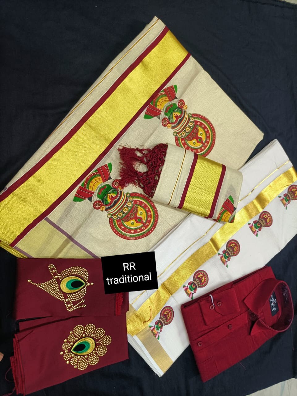 Golden Tissue Mural Kathakali Printed Set Mundu With Blouse Material or Ready to Wear Blouse and Shirt,Dhoti Mural Printed Combo,Vishu,Onam.