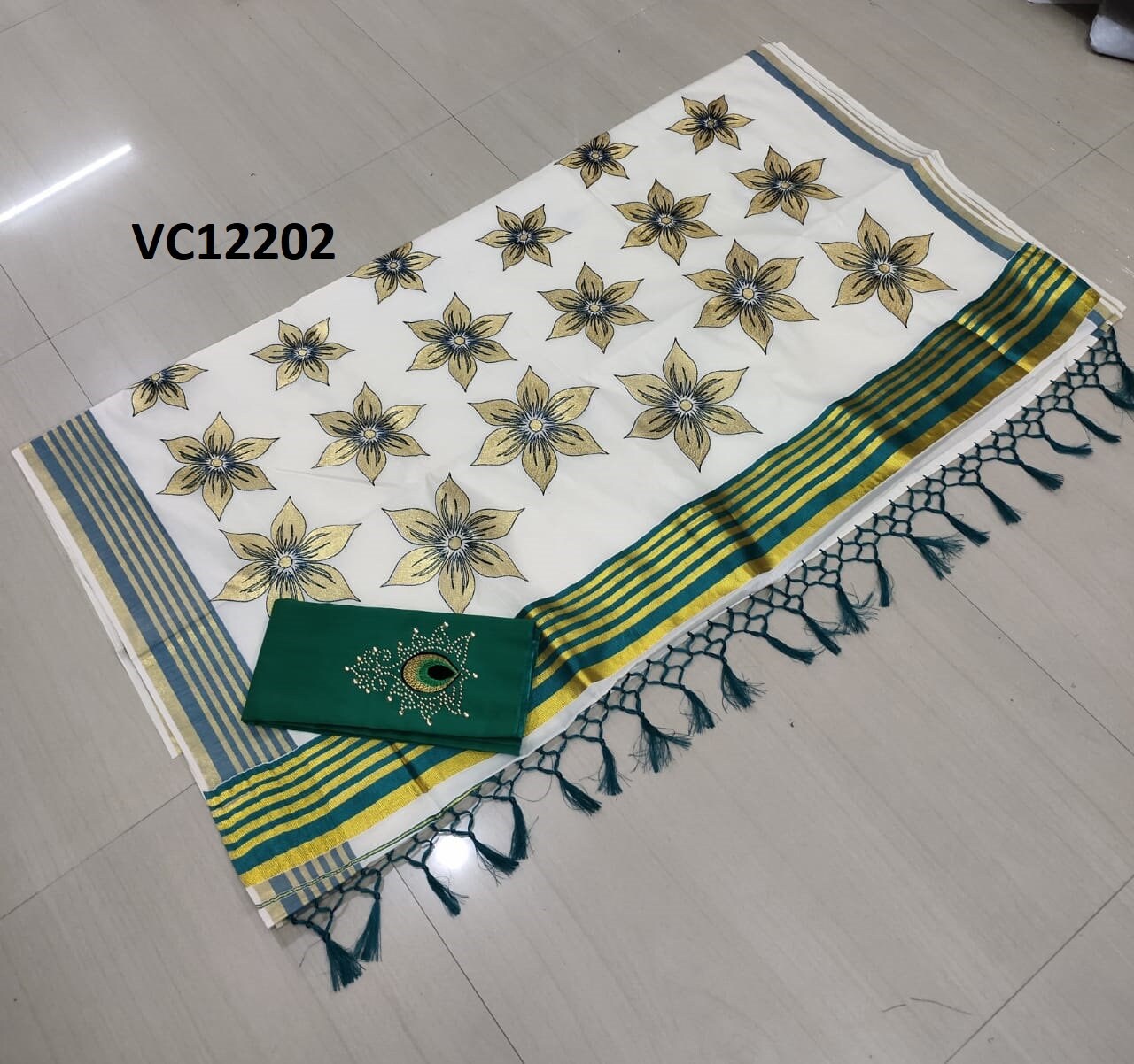 Kerala Special Cotton Embroidery Set Saree With Stitched Blouse,Blouse Material,Beautiful Kerala  Designs,Onam,Vishu,Pooja,Festival Wear.