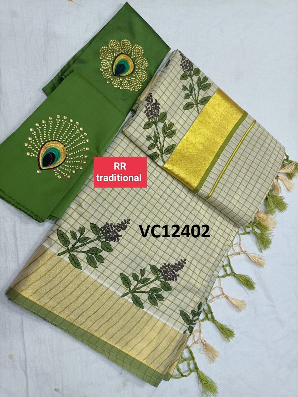 Kerala Tissue Small Checked Thulsi Printed Kunjalam Saree 6.25Mtr With Stitched Blouse or Blouse Material,Kerala,Vishu,Onam,Traditional.