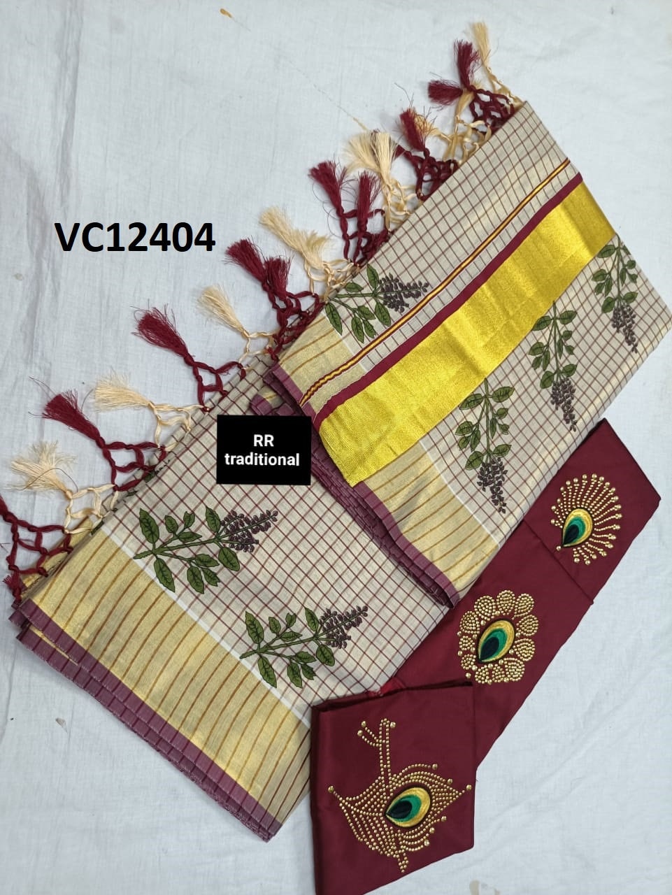 Kerala Tissue Small Checked Thulsi Printed Kunjalam Saree 6.25Mtr With Stitched Blouse or Blouse Material,Kerala,Vishu,Onam,Traditional.