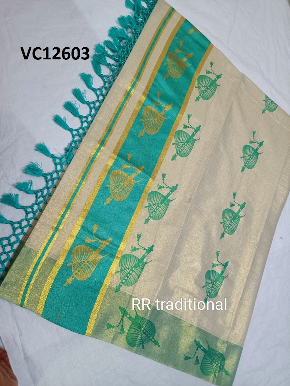 Kerala Special 5 Inch Border Golden Printed Kunjalam Saree 6.25 Mtr With Stitched Blouse,Non Stitched Material,Onam,Vishu,Pooja,Festival.