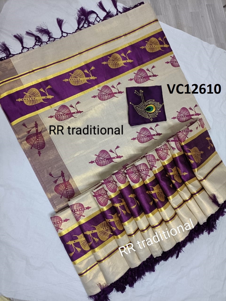 Kerala Special 5 Inch Border Golden Printed Kunjalam Saree 6.25 Mtr With Stitched Blouse,Non Stitched Material,Onam,Vishu,Pooja,Festival.