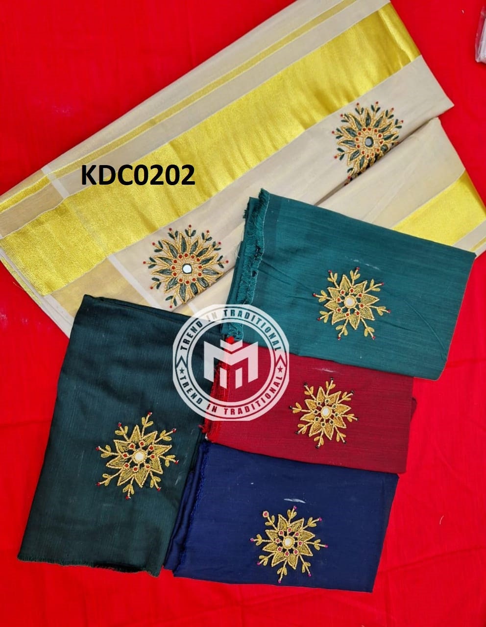 Kerala Special Golden Tissue Handwork Setmundu 2.80 With Stitched Blouse or Blouse Material,Beautiful Kerala Designs,Onam,Vishu,Pooja Wear.