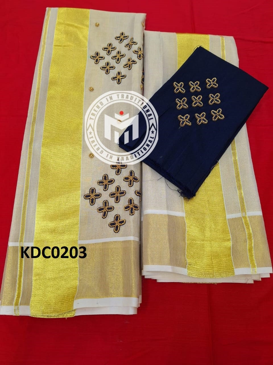 Kerala Special Golden Tissue Handwork Setmundu 2.80 With Stitched Blouse or Blouse Material,Beautiful Kerala Designs,Onam,Vishu,Pooja Wear.