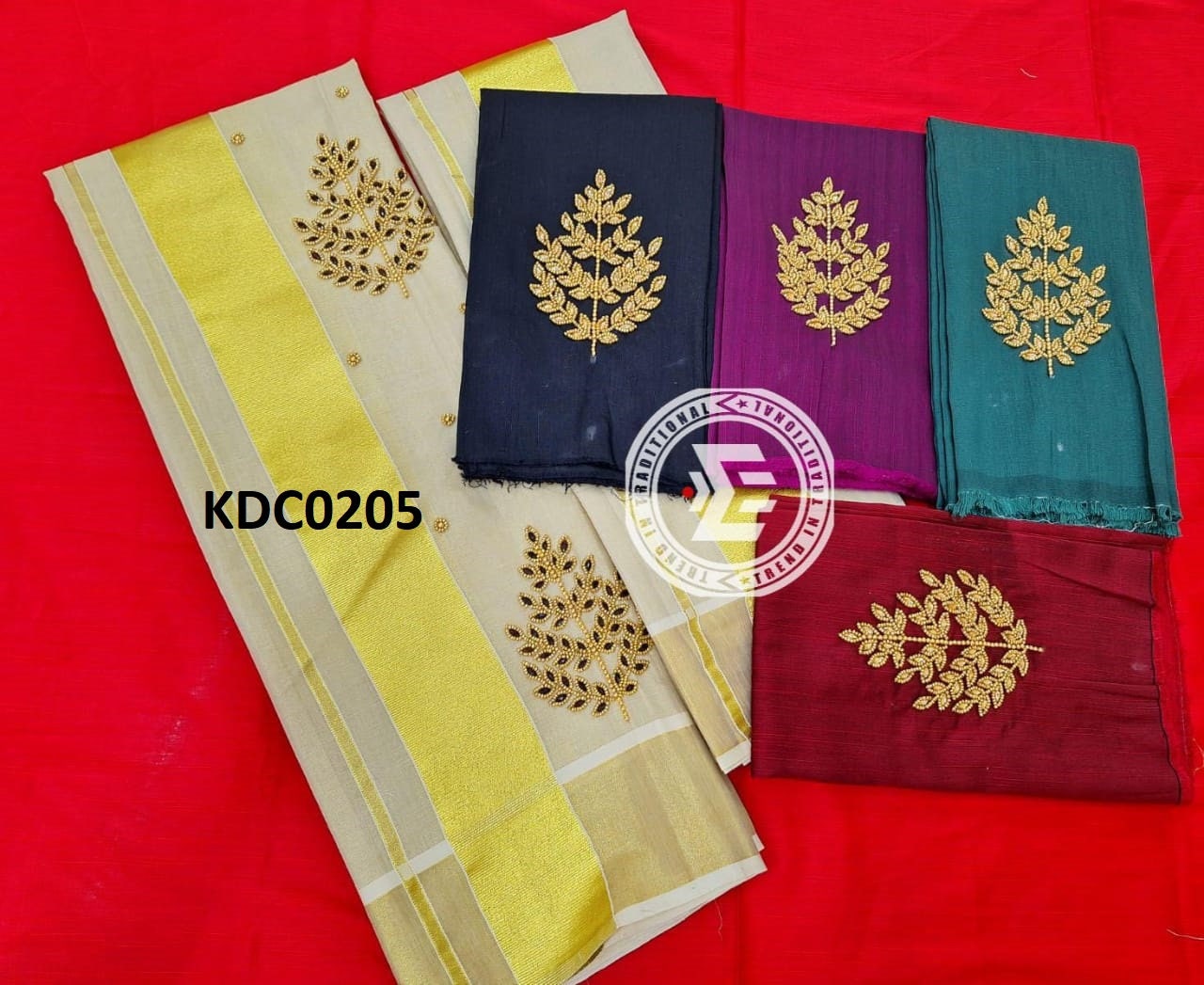 Kerala Special Golden Tissue Handwork Setmundu 2.80 With Stitched Blouse or Blouse Material,Beautiful Kerala Designs,Onam,Vishu,Pooja Wear.