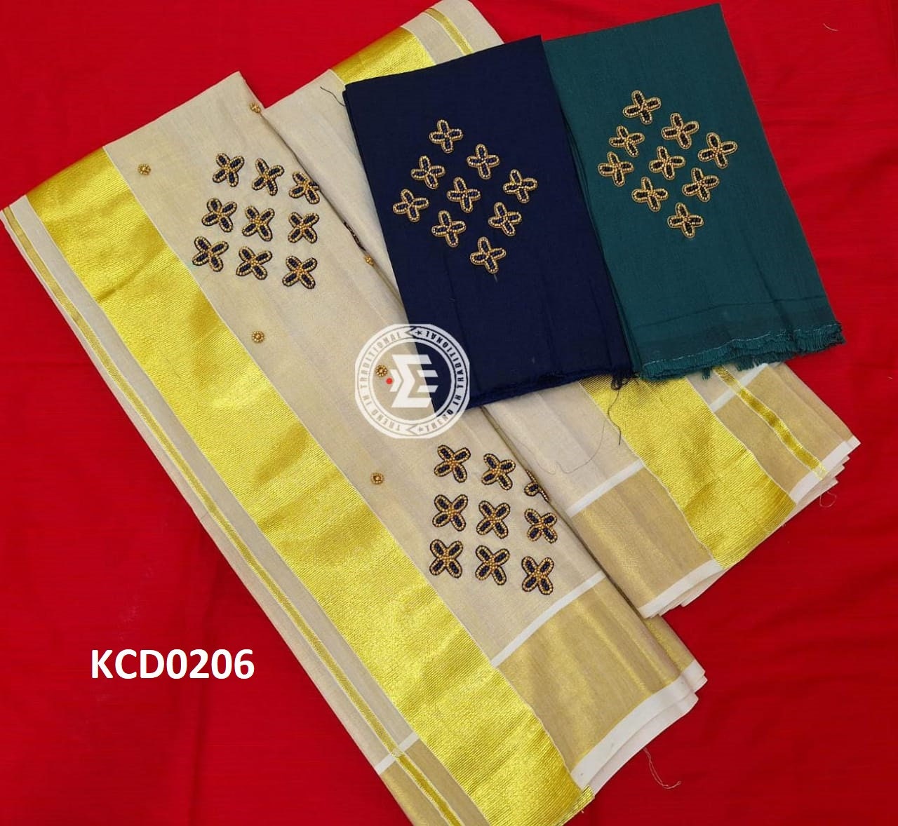 Kerala Special Golden Tissue Handwork Setmundu 2.80 With Stitched Blouse or Blouse Material,Beautiful Kerala Designs,Onam,Vishu,Pooja Wear.