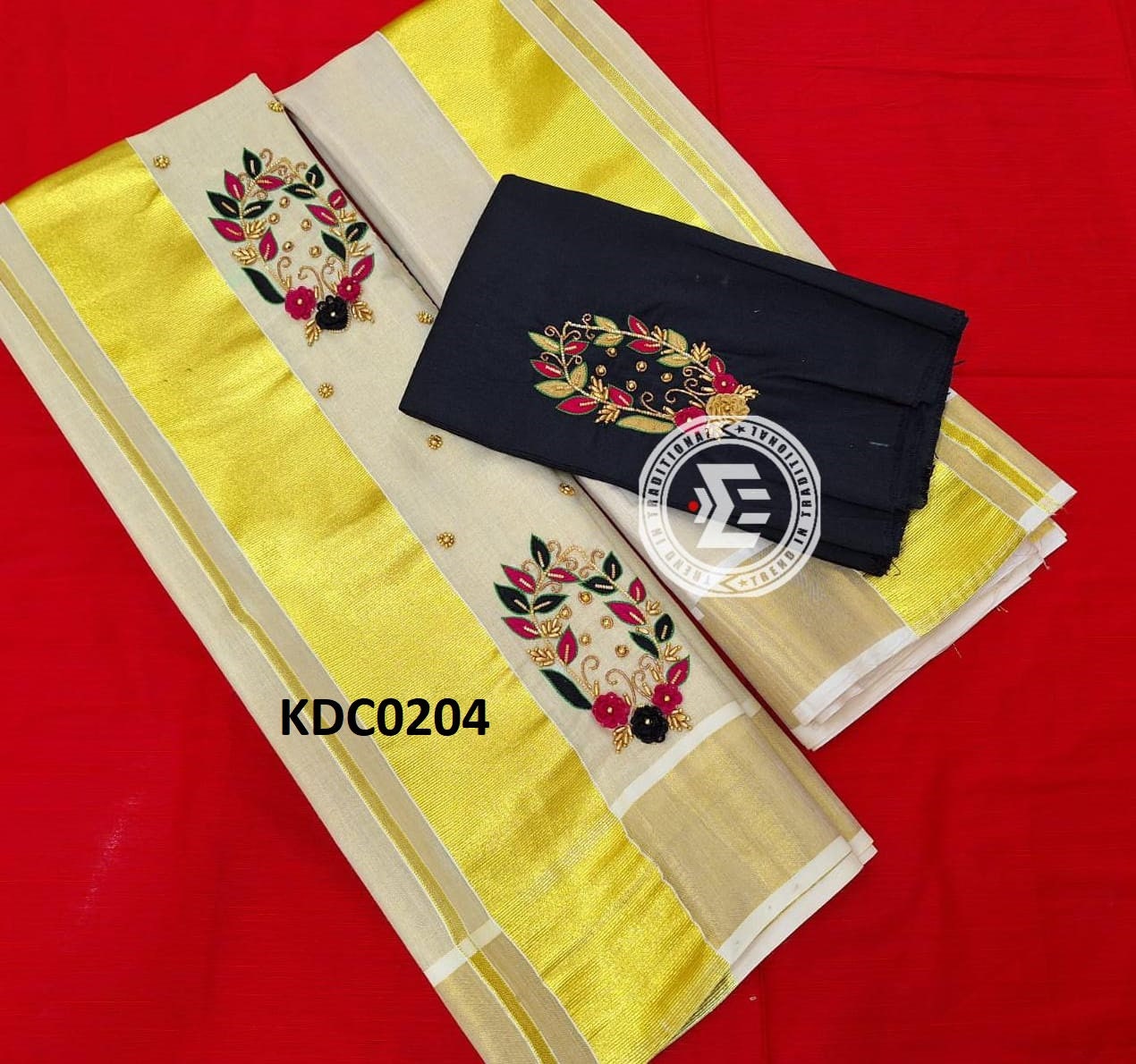 Kerala Special Golden Tissue Handwork Setmundu 2.80 With Stitched Blouse or Blouse Material,Beautiful Kerala Designs,Onam,Vishu,Pooja Wear.