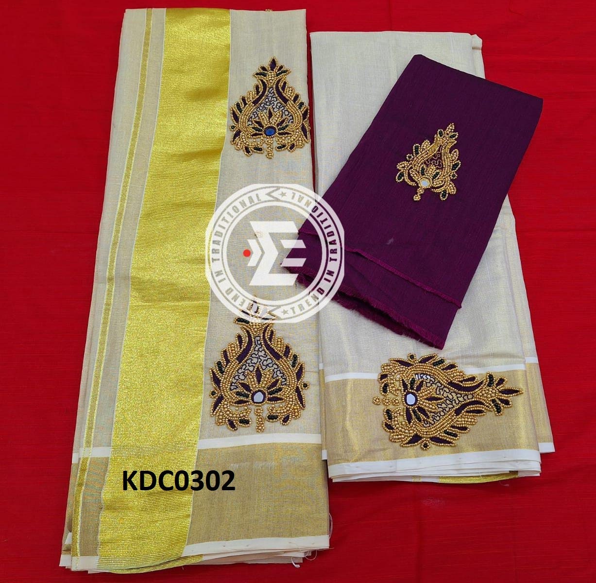 Kerala Special Golden Tissue Handwork Setmundu 2.80 With Stitched Blouse or Blouse Material,Beautiful Kerala Designs,Onam,Vishu,Pooja Wear.