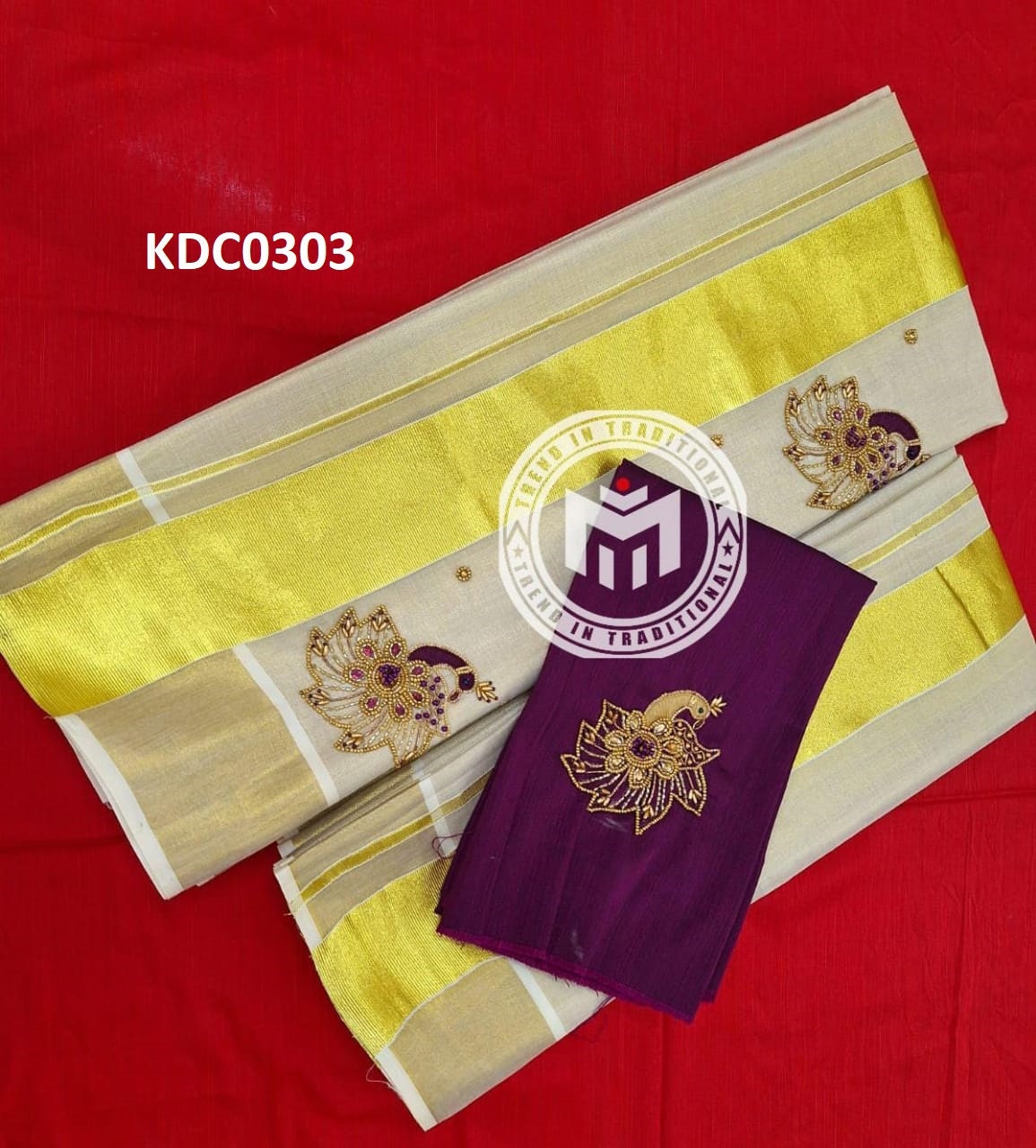 Kerala Special Golden Tissue Handwork Setmundu 2.80 With Stitched Blouse or Blouse Material,Beautiful Kerala Designs,Onam,Vishu,Pooja Wear.