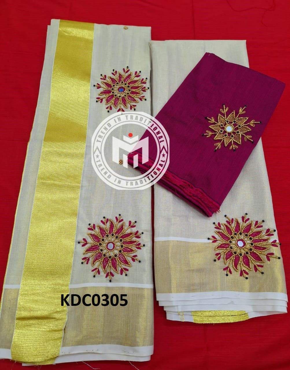 Kerala Special Golden Tissue Handwork Setmundu 2.80 With Stitched Blouse or Blouse Material,Beautiful Kerala Designs,Onam,Vishu,Pooja Wear.