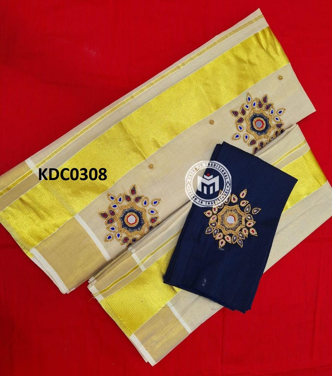 Kerala Special Golden Tissue Handwork Setmundu 2.80 With Stitched Blouse or Blouse Material,Beautiful Kerala Designs,Onam,Vishu,Pooja Wear.