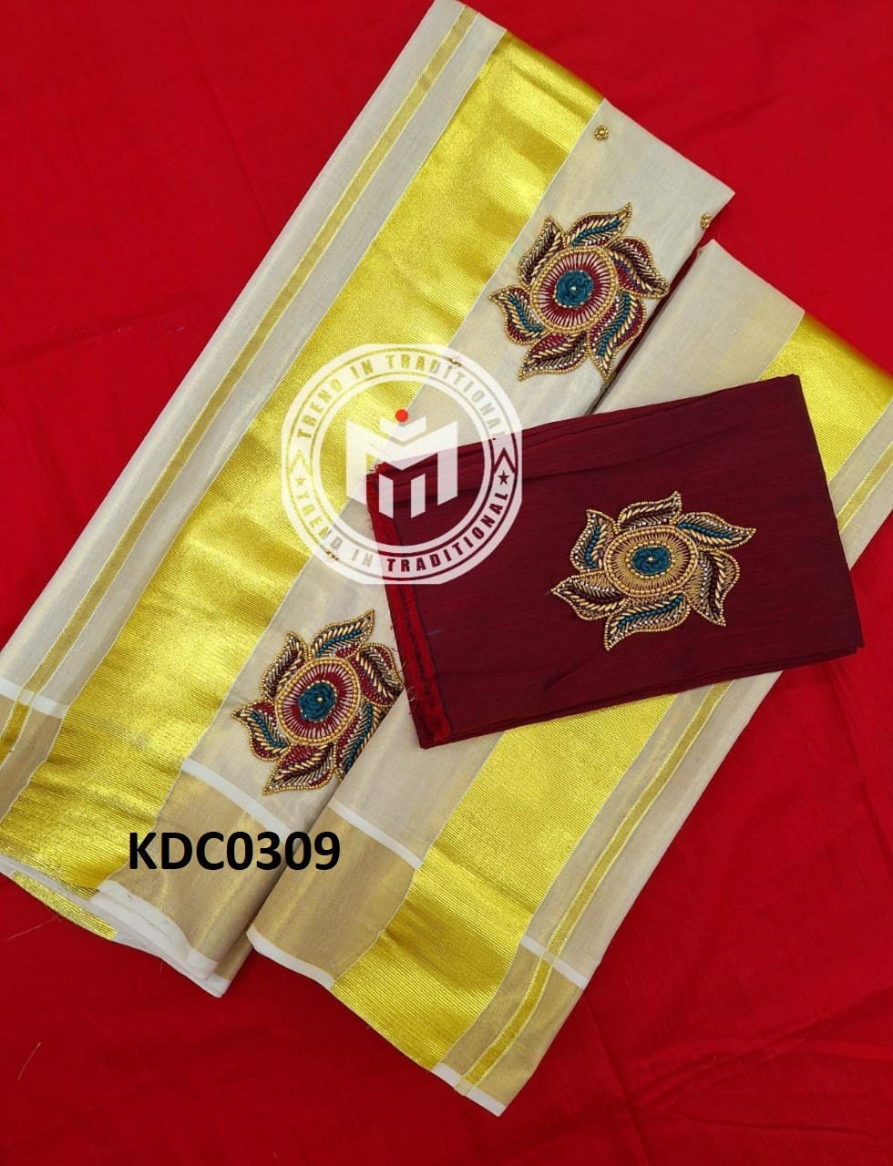 Kerala Special Golden Tissue Handwork Setmundu 2.80 With Stitched Blouse or Blouse Material,Beautiful Kerala Designs,Onam,Vishu,Pooja Wear.