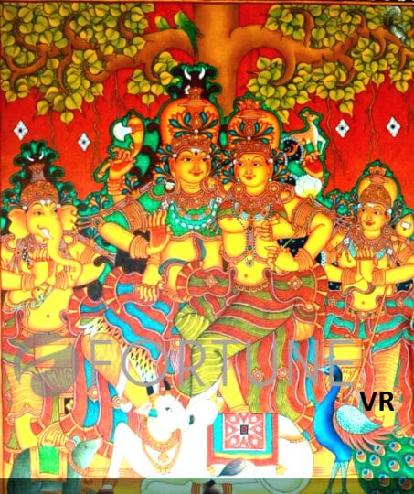 Sakthi Panchakshari,Siva kudumbam,Lord Siva Family,Lord Shiva with Goddess Parvati, Kerala Mural Painting, Canvas Rolled, Wall Decor