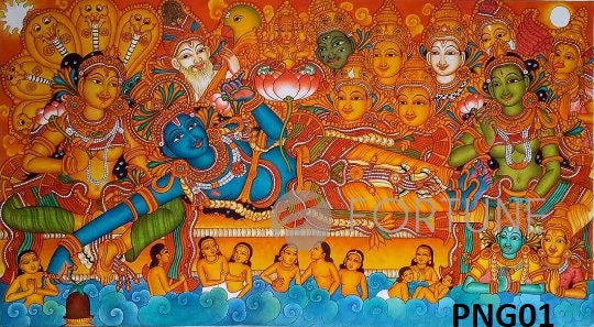 Ananthasayanam Traditional Mural Art Painting -Canvas Rolled Wall Decor, Ananthasayanam Kerala Mural Painting