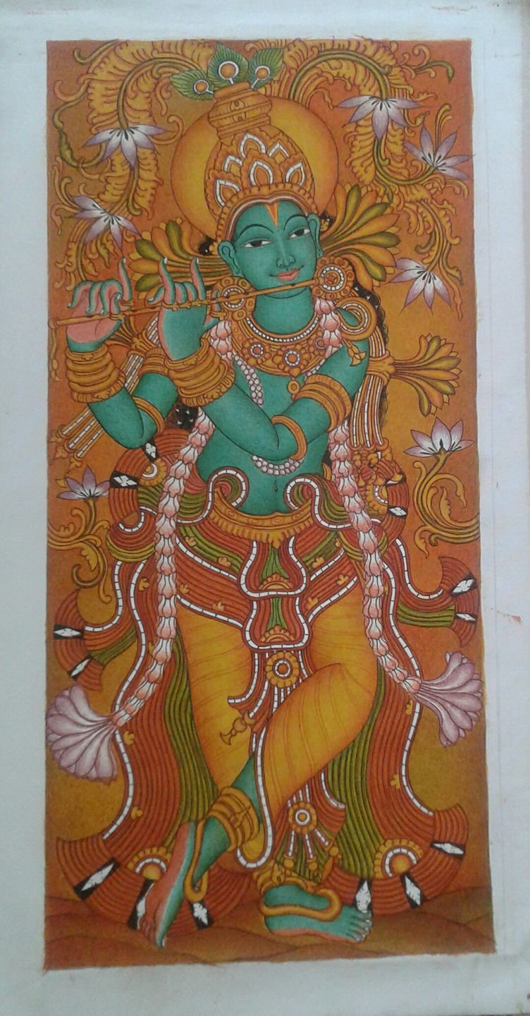 Kaliya Mardanam, Various Krishna leela, Little krishna painting,Original Kerala Traditional Mural Painting Artwork, Canvas Rolled,Wall Decor