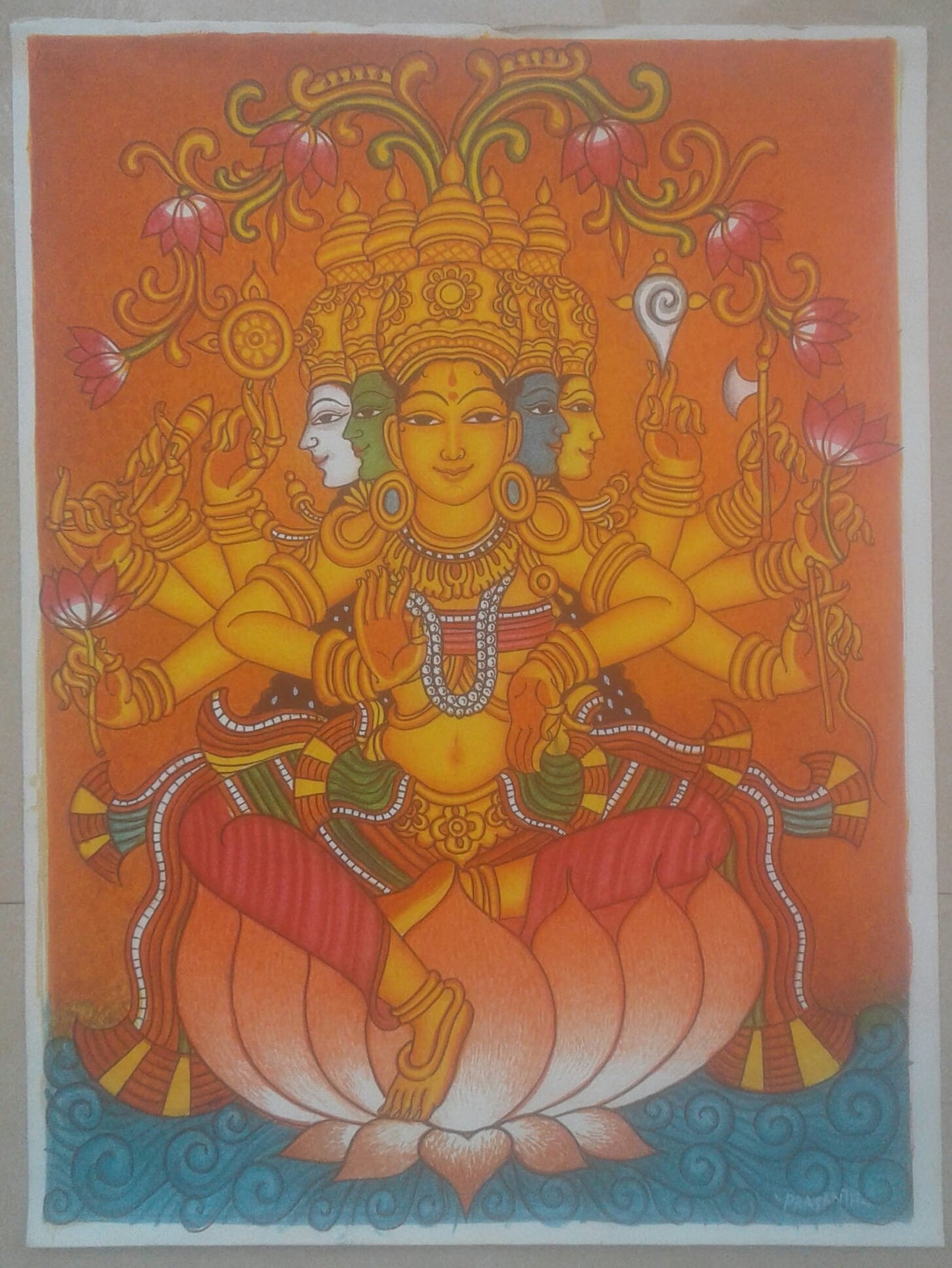 Devi,Durga,Saraswati,Panchamukha Gayathri,Traditional Kerala Mural Style painting Goddess,Original Mural Painting, Canvas Rolled, Wall Decor