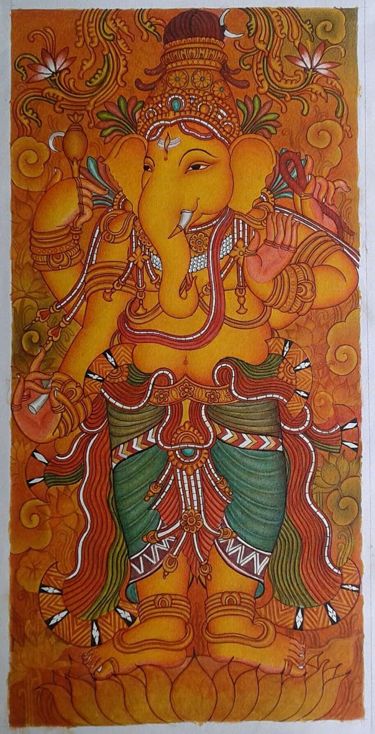 Lord Ganesha, Kerala Mural Painting, Hand Painted, Canvas Rolled, Wall Decor