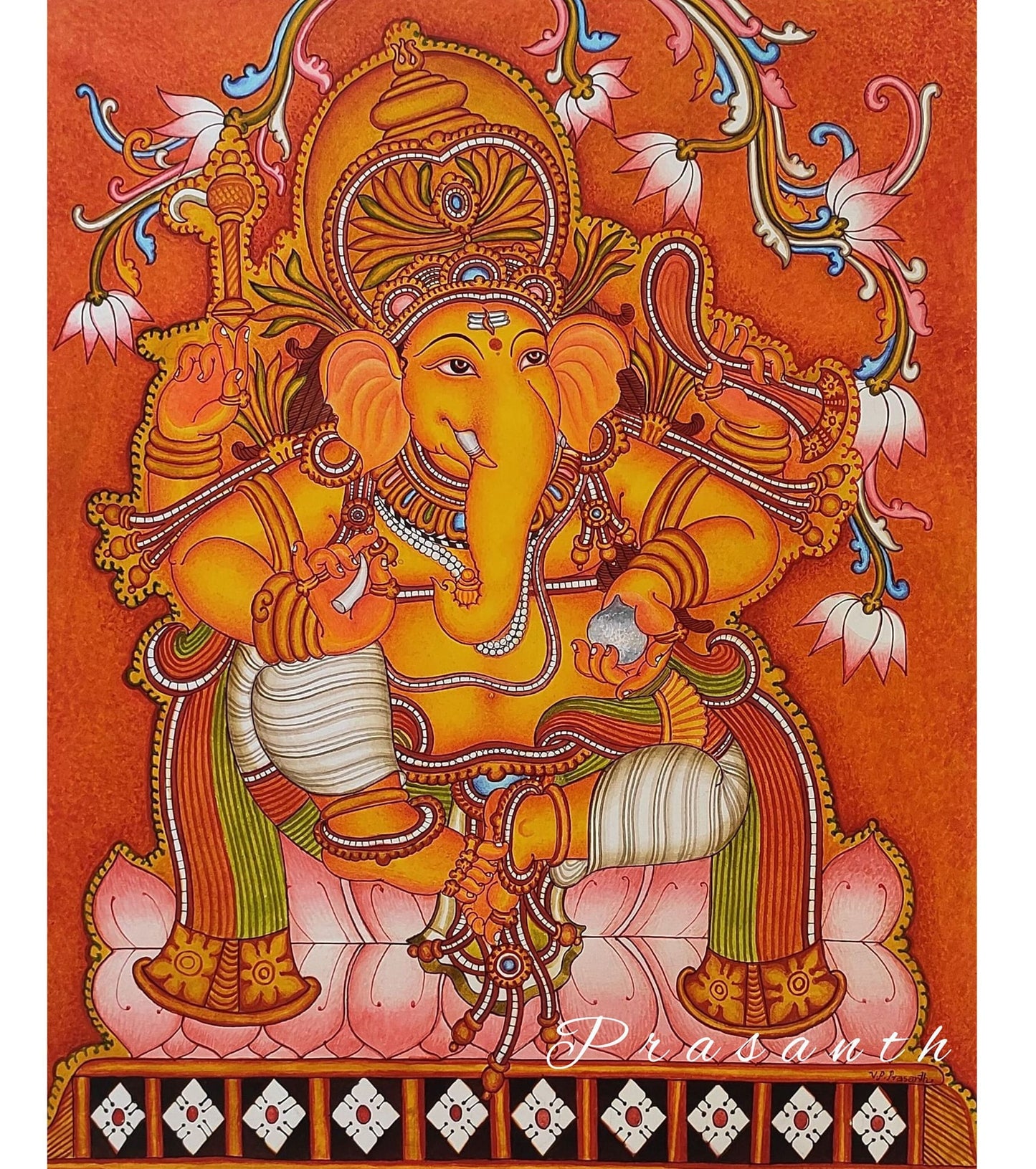 Lord Ganesha, Kerala Mural Painting, Hand Painted, Canvas Rolled, Wall Decor