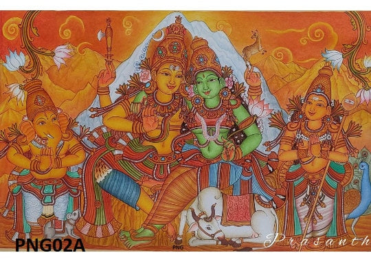 Sakthi Panchakshari,Siva kudumbam,Lord Siva Family,Lord Shiva with Goddess Parvati, Kerala Mural Painting, Canvas Rolled, Wall Decor