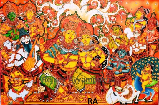 Sakthi Panchakshari,Siva kudumbam,Lord Siva Family,Lord Shiva with Goddess Parvati, Kerala Mural Painting, Canvas Rolled, Wall Decor