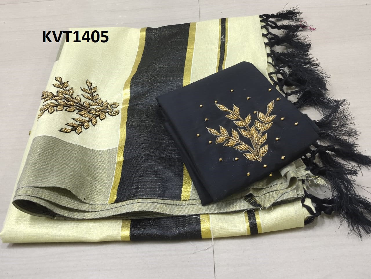 Kerala Tissue Kunjalam Aari Work Set Saree,With Stitched Blouse or Blouse Material,Indian,Handmade,Kerala Saree Traditional, Onam,Vishu .