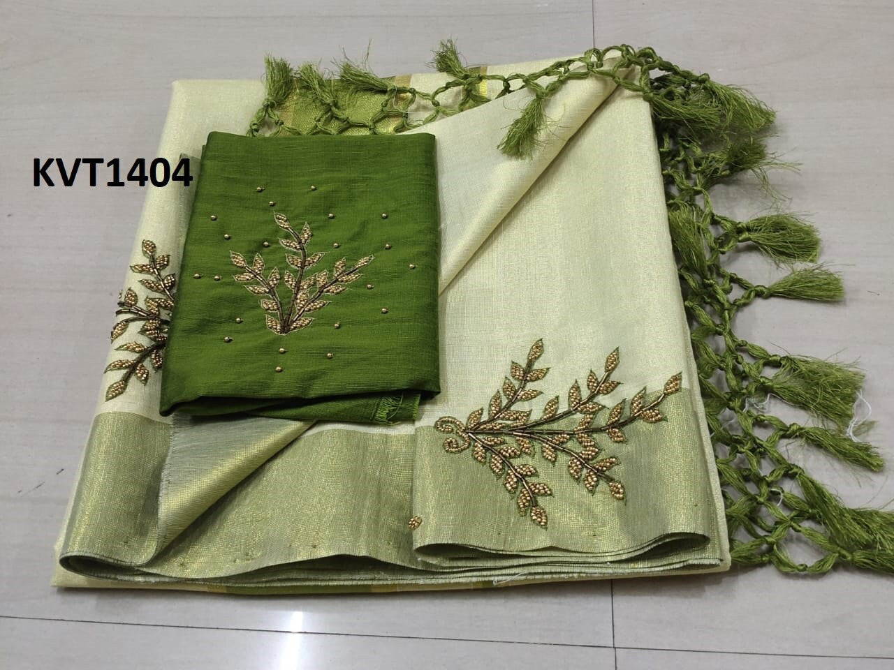 Kerala Tissue Kunjalam Aari Work Set Saree,With Stitched Blouse or Blouse Material,Indian,Handmade,Kerala Saree Traditional, Onam,Vishu .