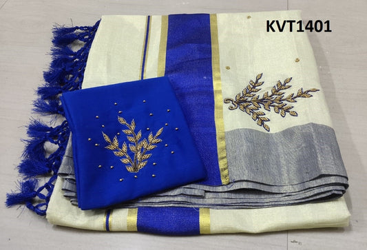 Kerala Tissue Kunjalam Aari Work Set Saree,With Stitched Blouse or Blouse Material,Indian,Handmade,Kerala Saree Traditional, Onam,Vishu .