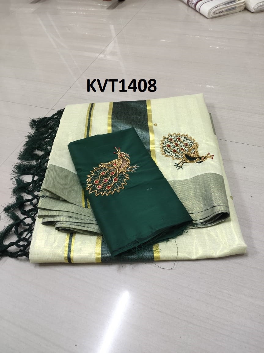 Kerala Tissue Kunjalam Aari Work Set Saree,With Stitched Blouse or Blouse Material,Indian,Handmade,Kerala Saree Traditional, Onam,Vishu .