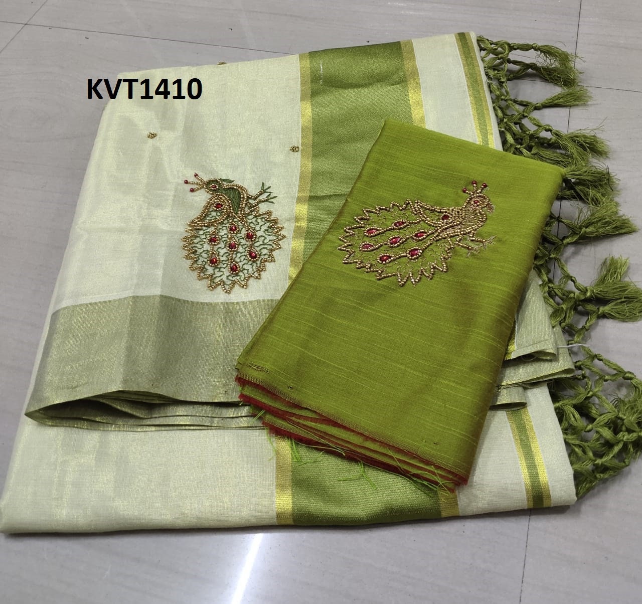 Kerala Tissue Kunjalam Aari Work Set Saree,With Stitched Blouse or Blouse Material,Indian,Handmade,Kerala Saree Traditional, Onam,Vishu .