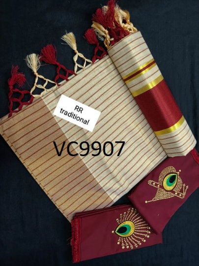 Kerala Tissue Full Color Line Saree 6.25Mtr With Stitched Blouse or Blouse Material,Kerala Saree,Vishu ,Onam,Handmade Designs,Pooja Wear.